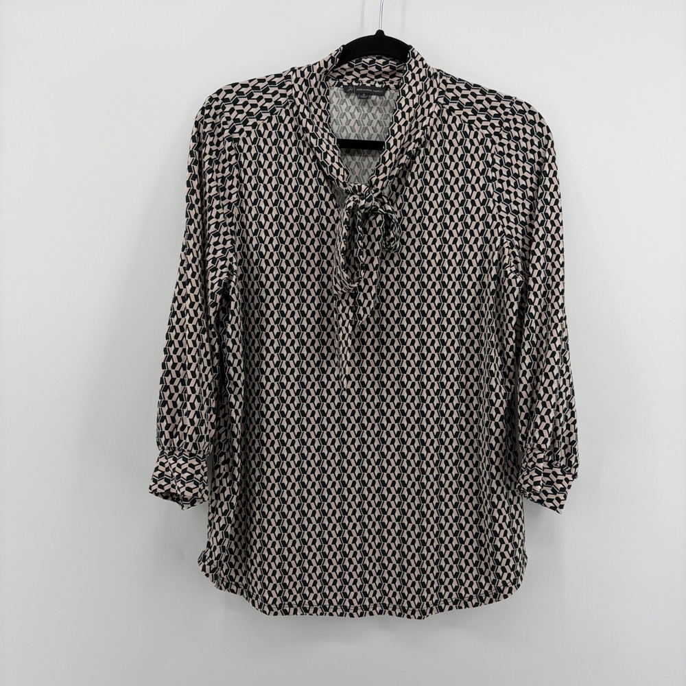 Adrianna Papell Geometric Print Bow Neck Long Sleeve Blouse Women Size M